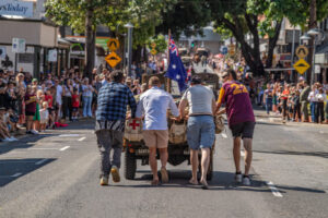 Heroes push broken-down Jeep at ANZAC march